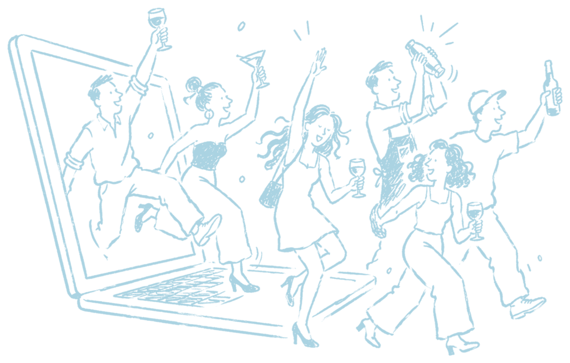 Illustration: a party of guests stepping out of a laptop